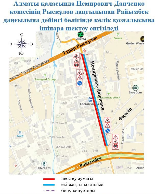 Алматының Алатау ауданында жылу желілерін қайта жаңғыртуға байланысты Немирович-Данченко көшесінде қозғалыс уақытша шектеледі