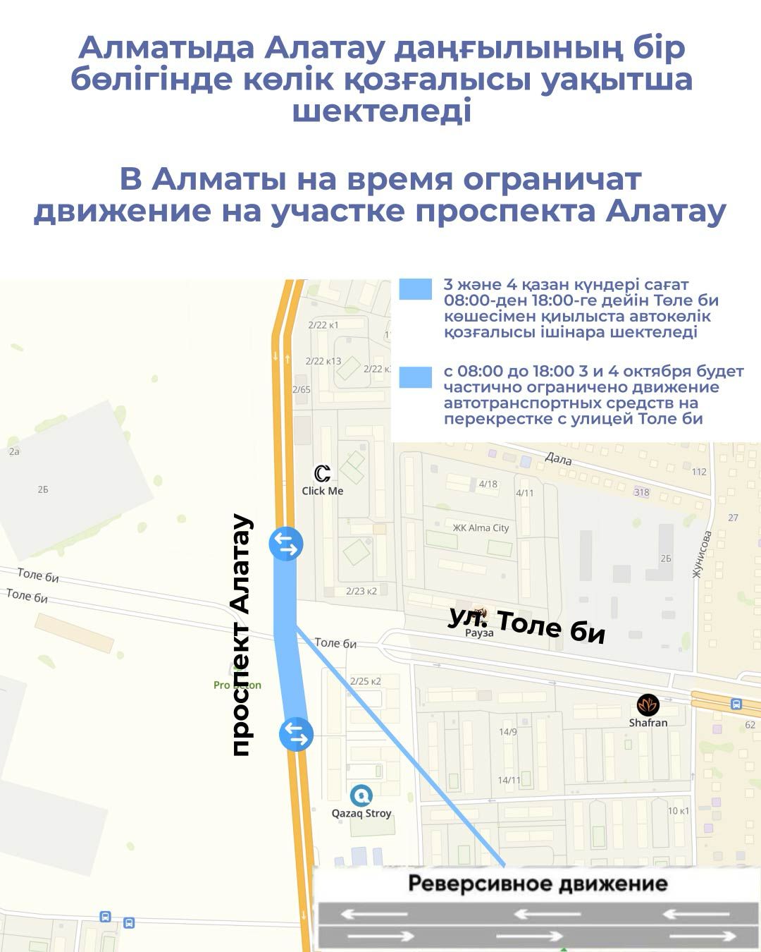 Алматыда Алатау даңғылының бір бөлігінде көлік қозғалысы уақытша шектеледі